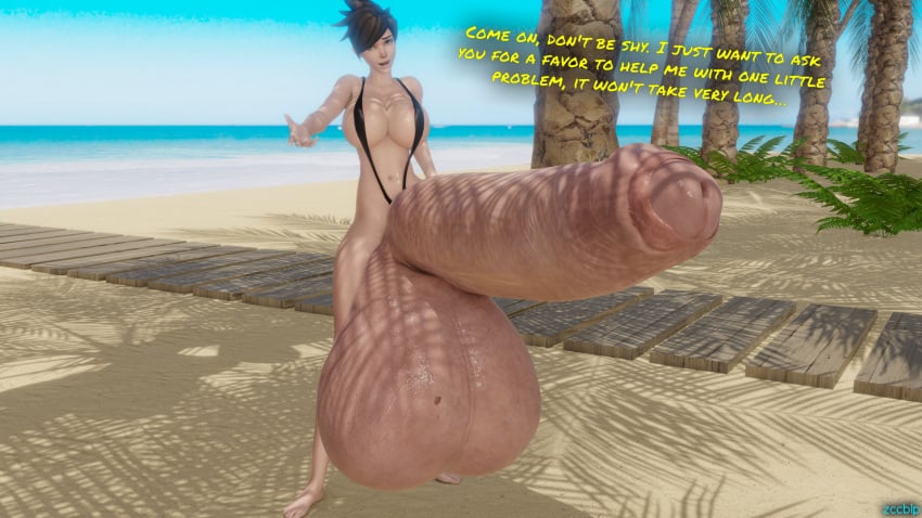 3d beach bikini blender futa_only futanari gigantic_penis gigantic_testicles huge_breasts huge_cock huge_penis huge_testicles overwatch penis short_hair sling_bikini text thick_thighs tracer zccblp