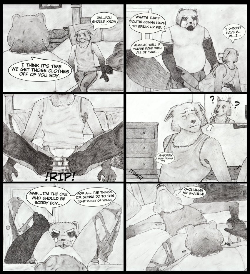 adam_(rosycoyote) age_difference andromorph bedroom canid canine canis clothing comic_panel coyote cunnilingus cuntboy dialogue duo eye_scar facial_scar genitals hands_on_legs hi_res inside intersex intersex/male male male/male mammal older_male oral pussy raccoon_dog rob_(rosycoyote) rosycoyote scar sex size_difference torn_clothing vaginal_penetration