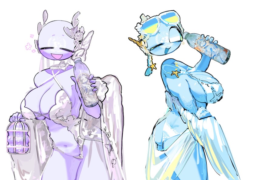 2girls belly_button big_ass big_breasts bikini blue_skin bottle closed_eyes countryhumans countryhumans_girl female female_only oceanic_pallete one_eye_closed open_mouth purple_skin simple_background star united_nations united_nations_(countryhumans) white_background wings