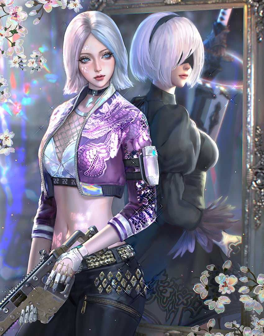 grey_hair gun jacket nier nier:_automata nier_(series) rifle serafleur short_hair topwear white_hair yorha_2b