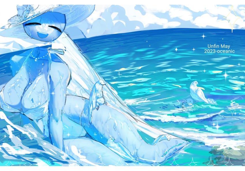 1girls 2023 aesthetic animal beach big_breasts bird blue_body breasts cleavage closed_eyes cloud countryhumans countryhumans_girl english_text female female_only hat hourglass_figure legs ocean oceanic_pallete on_side open_smile outdoors pigeon sea sky smile smiling_at_viewer smooth_skin sparkles sun_hat swimsuit text united_nations united_nations_(countryhumans) water waves wet wet_body white_hat white_swimsuit wings