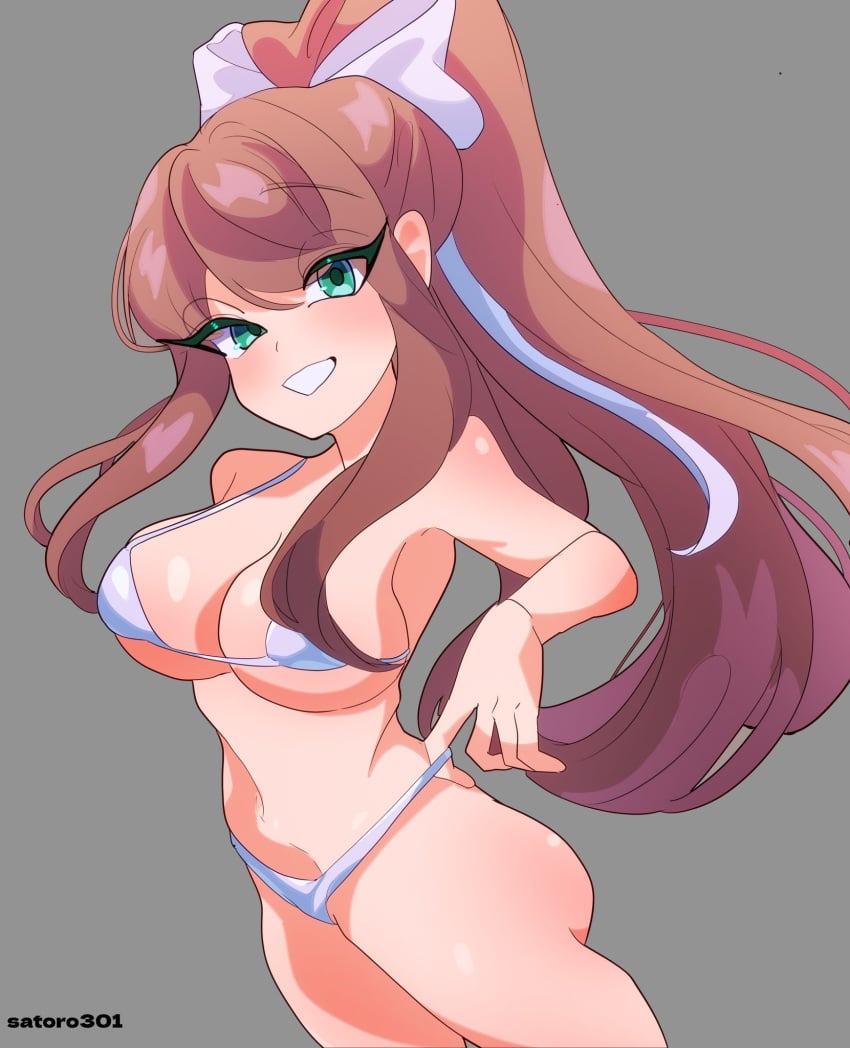 1girls breasts brown_hair doki_doki_literature_club female female_only green_eyes grey_background hairbow looking_at_viewer monika_(doki_doki_literature_club) ponytail satoro301 solo solo_female tagme white_bow