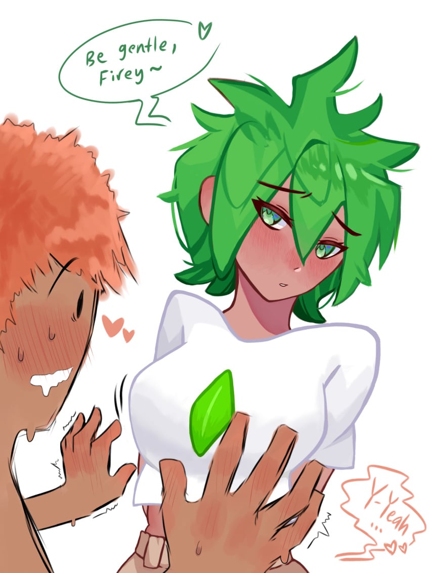 1girls alatus_l0ve battle_for_dream_island beige_pants big_breasts cargo_pants crop_top embarrassed female fireafy firey_(bfdi) green_eyes green_hair human humanized leafy_(bfdi) object_shows orange_hair short_sleeved_shirt short_sleeves stomach sweat sweating white_crop_top