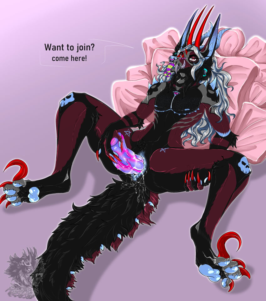 absurd_res anthro asmodeus_(character) bared_teeth bodily_fluids chimera cuntboy demon dildo dildo_in_pussy dildo_insertion ejaculation expander genital_fluids genitals hair hi_res horn horn_markings humanoid intersex legs_held_open long_ears long_hair long_tail long_tongue markings masturbation messy_satanist penetration pillow pussy pussy_ejaculation pussy_juice raptor_claws reclining_on_bed sex_toy sex_toy_in_pussy sex_toy_insertion skinny solo tail teeth tongue tongue_out toying_self vaginal_masturbation vaginal_penetration