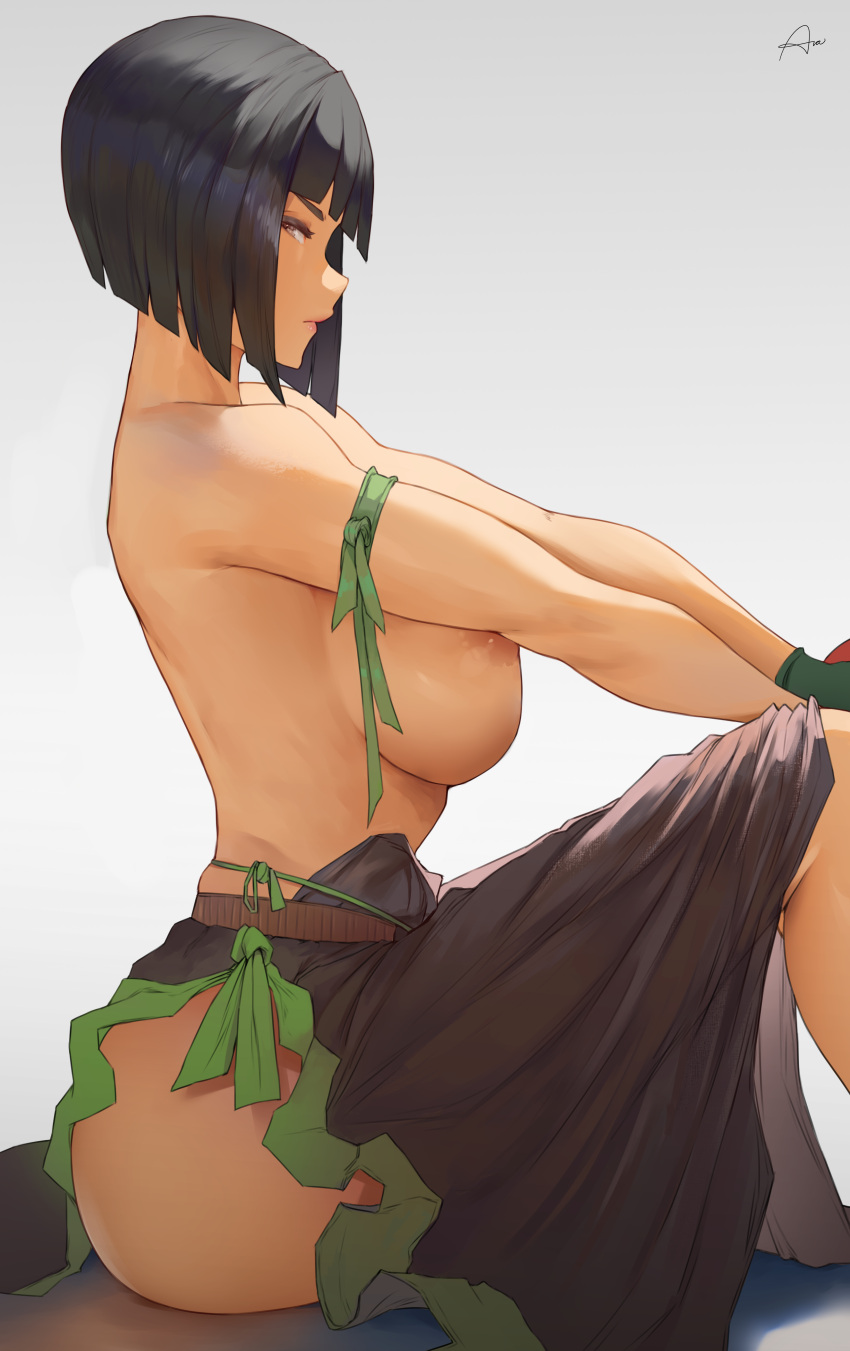 1female 1girls absurdres araneesama big_breasts black_hair breasts clothing cutesexyrobutts_(style) dress female god_eater light-skinned_female looking_at_viewer nipples no_bra short_hair sitting solo tachibana_sakuya tagme topless