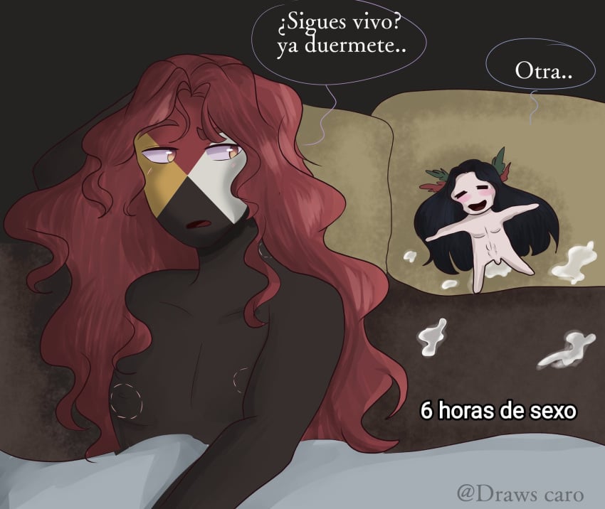 2boys 6_hours_of_sex aztec_empire_(countryhumans) black_body black_hair black_skin countryhumans cum long_hair male male_only mayan_empire_(countryhumans) meme red_hair spanish_text text watermark white_body white_skin yaoi