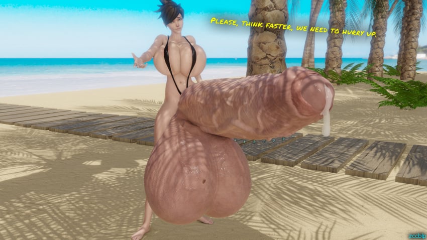 3d beach bikini cum futa_only futanari gigantic_penis huge_breasts huge_cock huge_penis huge_testicles large_testicles overwatch penis short_hair sling_bikini text thick_thighs tracer veiny_penis veiny_testicles zccblp