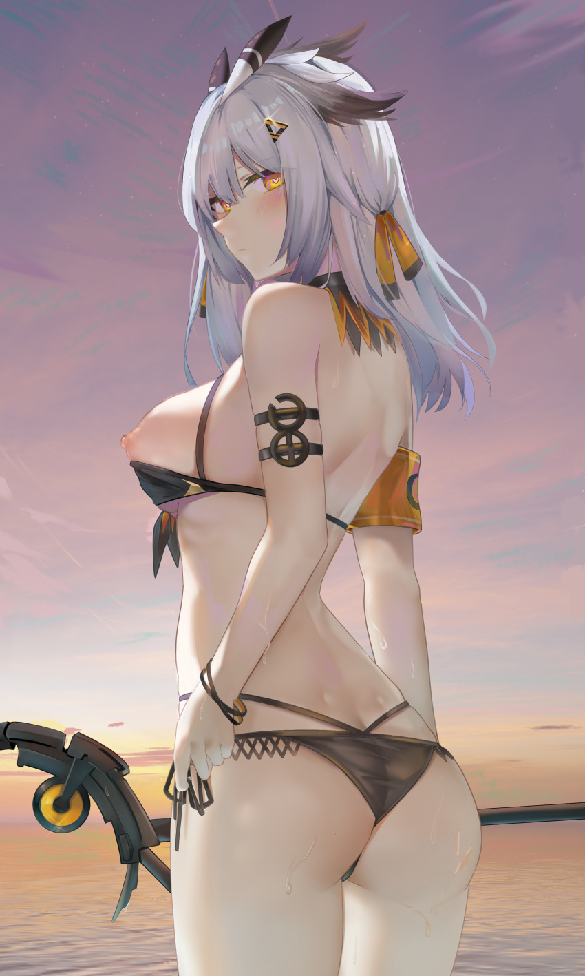 animal_ears arknights ass bikini nipples ptilopsis_(arknights) ru_zhai swimsuits thong weapon wet