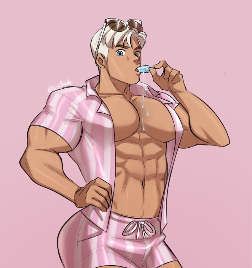 1boy abs bara barbie_(2023) barbie_(franchise) biceps blonde_hair blue_eyes gay hand_on_hip himbo ken_carson male_only muscular_male open_shirt partially_clothed pecs pink_clothing popsicle ryan_gosling sunglasses sunglasses_on_head tan_skin