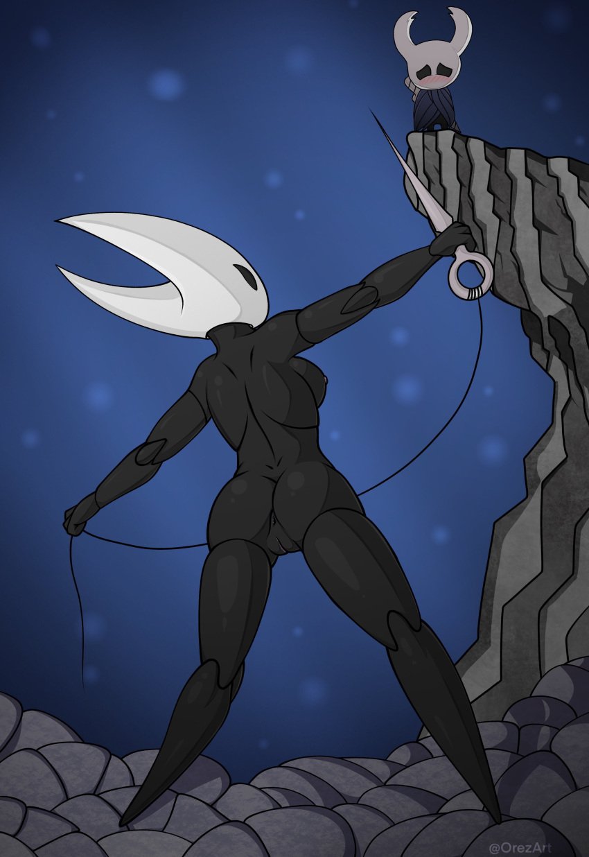 1girls 1other ambiguous_gender anus ass barefoot black_body blush breasts cliff clothed completely_nude completely_nude_female female full_body hollow_knight hornet_(hollow_knight) looking_down naked naked_female nude nude_female orez_art orezart protagonist_(hollow_knight) pussy