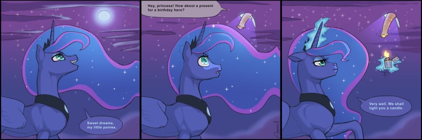 2023 3:1 3_panel_comic alicorn animal_genitalia animal_penis arareroll black_border blue_body blue_hair border cock_and_ball_torture comic dialogue digital_media_(artwork) dominant dominant_female english_text equid equine equine_genitalia equine_penis female feral fire friendship_is_magic frown genital_torture genitals glory_hole glowing glowing_horn hair hasbro hi_res hooves horn imminent_pain lighter magic mammal my_little_pony night nose_wrinkle offscreen_character offscreen_male penis princess_luna_(mlp) raised_hoof speech_bubble teal_eyes telekinesis text wings