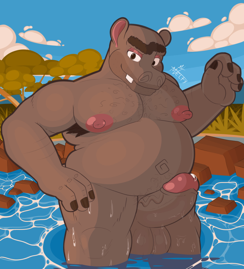 absurd_res animal_humanoid anthro areola armpit_hair balls belly belly_hair big_balls big_penis blue_sky bodily_fluids body_hair brown_hair chest_hair cloud common_hippopotamus damelty dreamworks erect_nipples erection genital_fluids genitals glans glistening glistening_areola grass grey_body hair hairy_balls hi_res hippopotamid hippopotamid_humanoid huge_balls huge_cock huge_pecs humanoid lake light madagascar_(series) madagascar_escape_2_africa male mammal mammal_humanoid moto_moto musclegut muscular muscular_thighs navel nipples overweight overweight_anthro overweight_male paramount_pictures partially_submerged pecs penis pink_glans pink_nipples plant precum rock savanna sky smile solo sunlight sunset teeth tree water wet wet_body