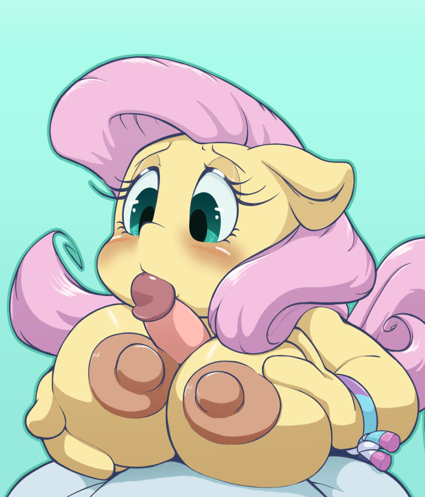 2023 anthro areola big_breasts blush breast_play breasts digital_media_(artwork) duo equid equine eyelashes faceless_character faceless_male female fluttershy_(mlp) four-pundo friendship_is_magic genitals hasbro hi_res humanoid_genitalia humanoid_penis male male/female mammal my_little_pony nipples paizuri penis sex simple_background solo_focus titjob