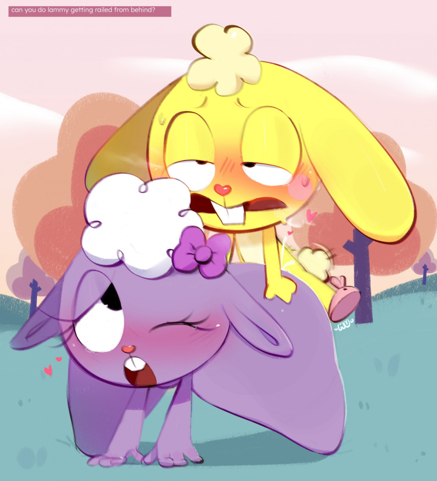 ass bovid caprine cuddles_(htf) duo female happy_tree_friends hi_res lagomorph lammy_(htf) leporid male mammal mu111777 one_eye_closed purple_body rabbit sex sheep yellow_body