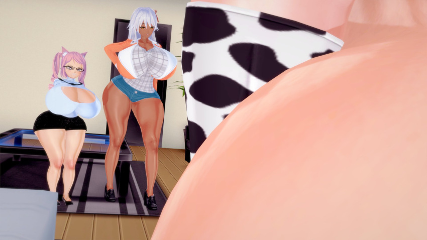 1futa 2girls 3d cow_print dark-skinned_female female flaccid futanari gigantic_breasts gigantic_penis grenadekisses koikatsu original_character sophia_(punky)