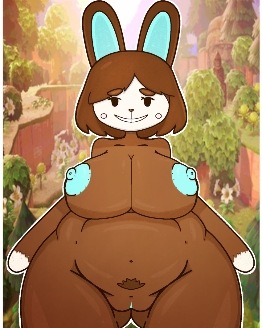 animal_crossing brown_fur brown_hair carmen_(animal_crossing) chubby moglim nintendo pubic_hair rabbit rabbit_girl smile tagme voluptuous