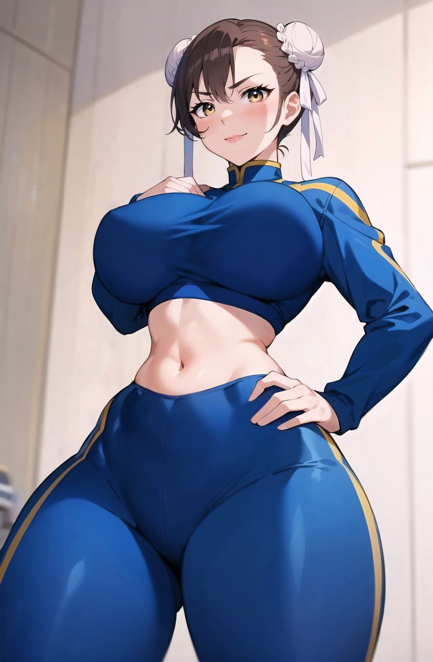 1girls ai_generated breasts capcom chun-li cleavage female gym_uniform hi_res hips huge_breasts light-skinned_female light_skin midriff short_hair sportswear stable_diffusion street_fighter stuffyai thick_thighs thighs twin_buns wide_hips