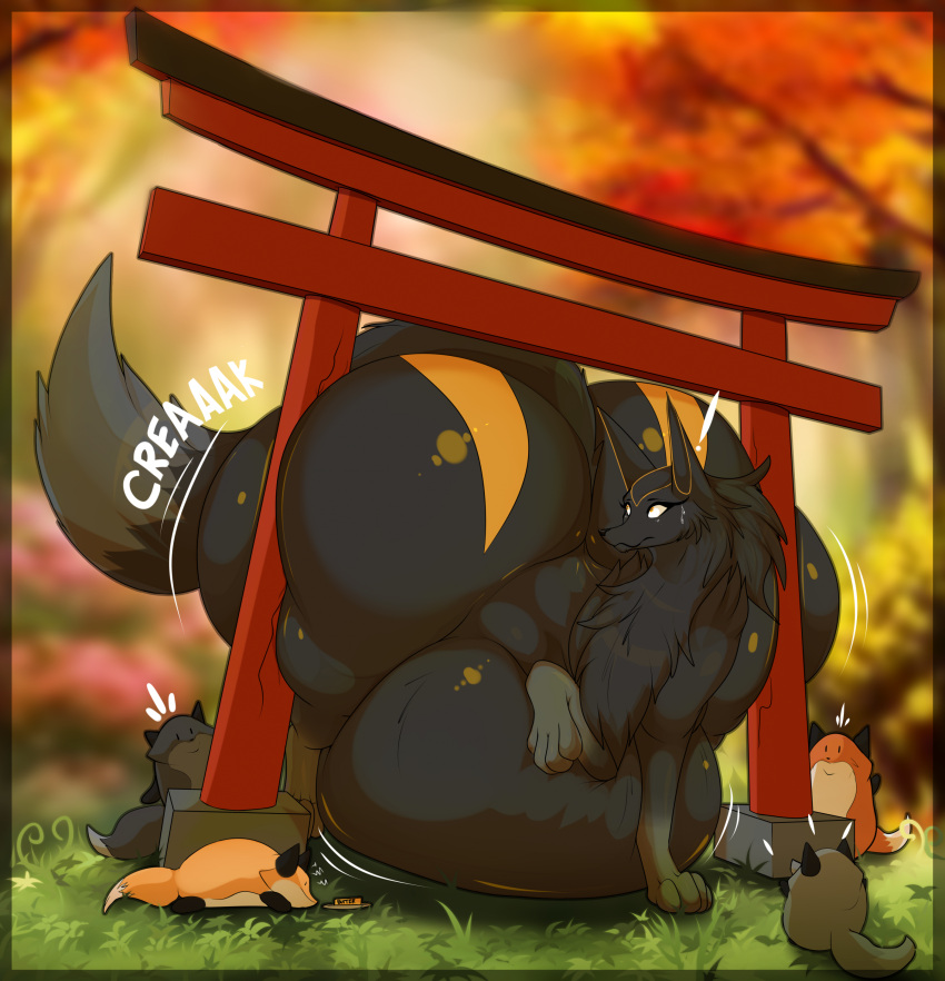 asaneman ass_too_big ass_too_fat belly big_ass big_belly big_butt black_fur butt_too_big butt_too_fat eko_(asaneman) huge_ass huge_butt kitsune male male_focus male_only overweight_female torii weight_gain wide_hips