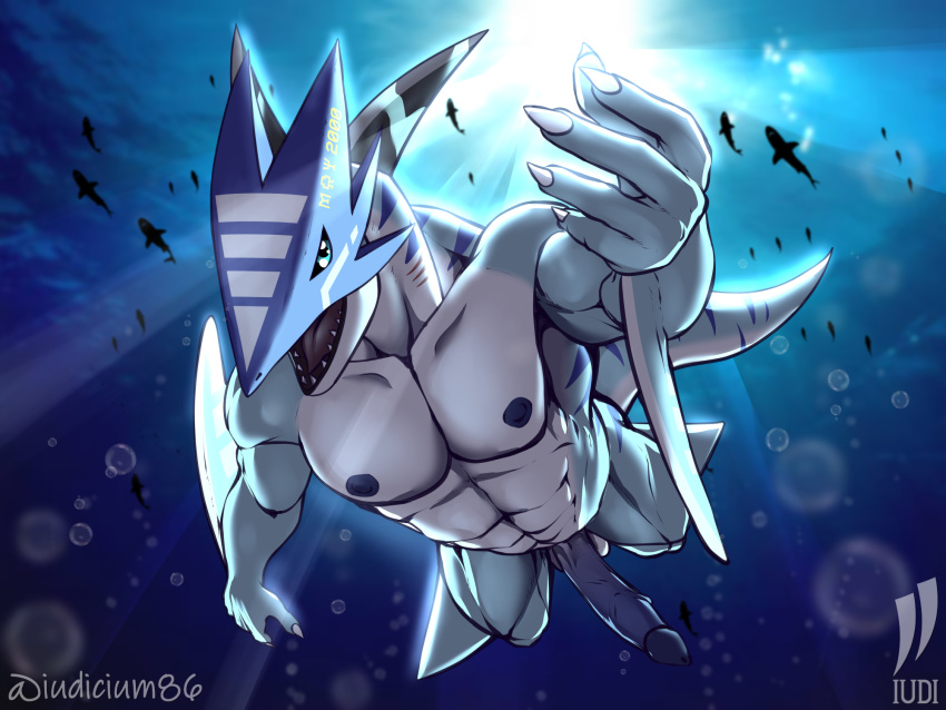 abs anthro bandai_namco bubble digimon erection fin fish genitals hi_res iudicium86 male male_only marine muscular nipples penis reaching_towards_viewer sea shark solo teeth tylomon underwater vein veiny_penis water