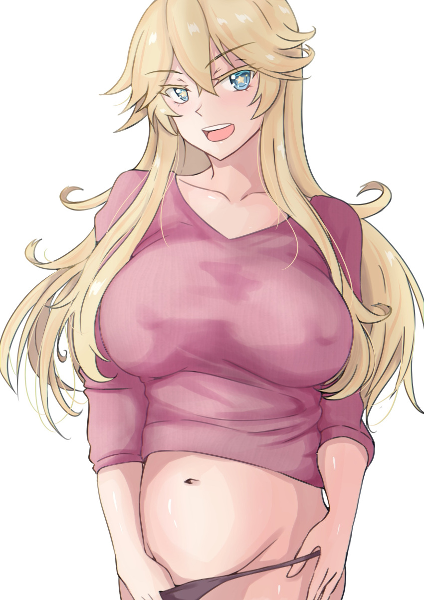 absurdres alternate_costume black_panties blonde_hair blue_eyes breasts collarbone covered_nipples cowboy_shot female groin highres iowa_(kantai_collection) kantai_collection ken_(shutenndouji1) large_breasts mature_female milf navel panties pink_sweater simple_background solo star-shaped_pupils star_(symbol) sweater symbol-shaped_pupils underwear white_background