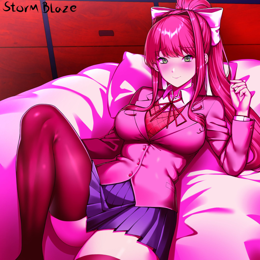 blush blush_lines blushed blushing_at_viewer bow bow_ribbon doki_doki_literature_club green_eyes lighting looking_at_viewer lying lying_down lying_on_back lying_on_bed monika_(doki_doki_literature_club) not_porn one_leg_bent one_leg_forward one_leg_raised one_leg_up pink_lighting red_lighting safe safe_for_work school_uniform sfw short_dress short_skirt skirt smile storm_blaze stormblaze76