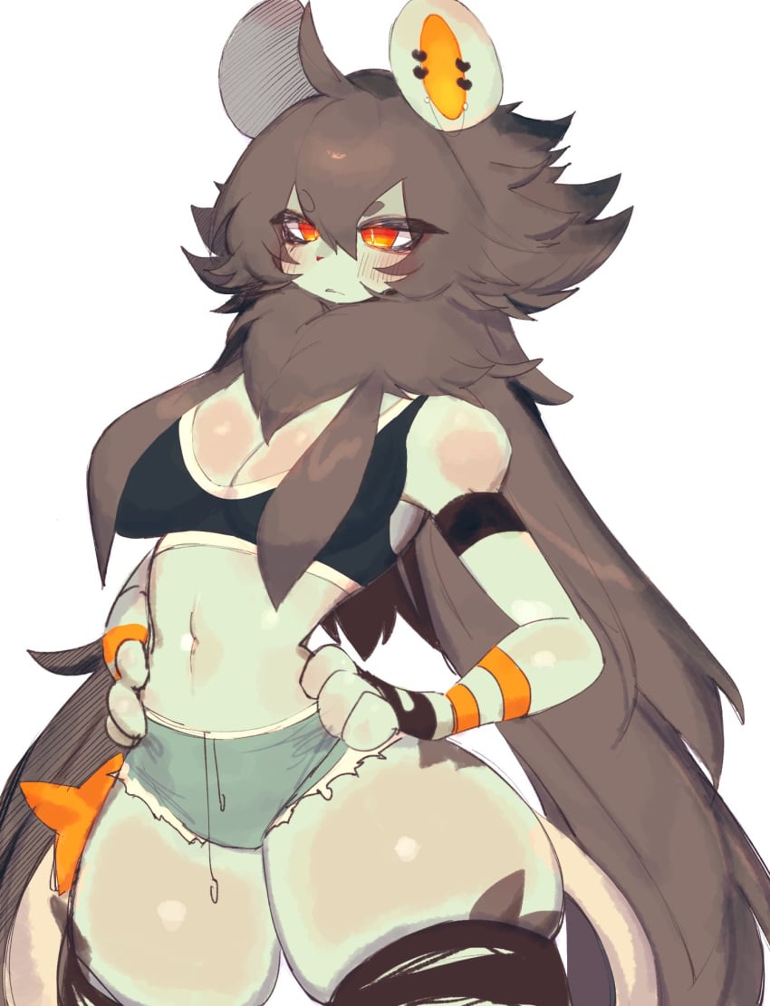 anthro anthro_only anthrofied black_fur black_hair blank_background blush blush_lines blushed breasts cleavage clothed clothing female fur furry furry_ears furry_female furry_only furry_tail hourglass_figure luxio navel nintendo paws plain_background pokemon pokemon_(species) short_shorts shorts solo sports_bra thick thick_ass thick_hips thick_legs thick_thighs thighhighs torn_thighhighs usa37107692 white_background