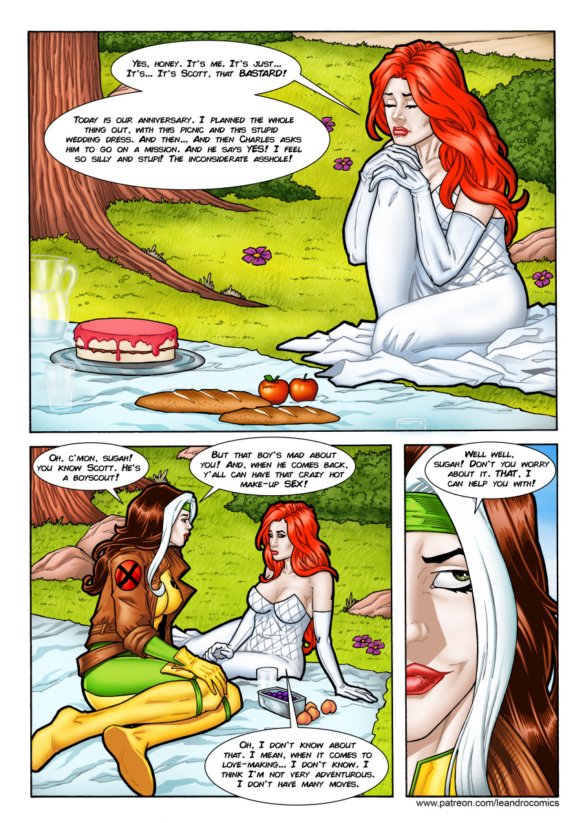 2girls brunette clothing comic comic_page female garden human human_only jean_grey leandro_comics marvel marvel_comics multiple_girls nature outdoors red_hair rogue_(x-men) tagme x-men