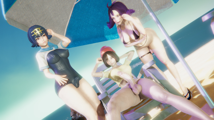 3d 3futas acerola_(pokemon) beach big_breasts big_penis bulge futa_only futanari lana_(pokemon) penis_size_difference pokemon pokemon_sm selene_(pokemon) small_penis swimsuit zbeb