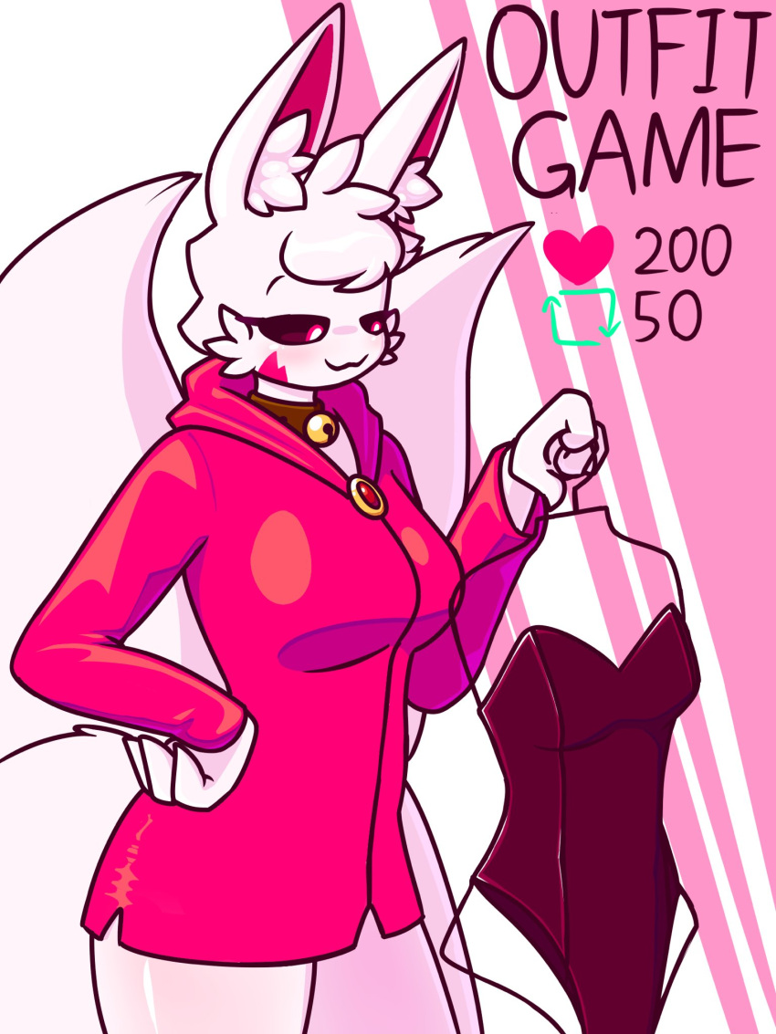 87_g0d 9_tails bae_(87_g0d) big_ears black_eyes collar furry furry_ears furry_female furry_only furry_tail game heart heart_icon kitsune pink_background pink_eyes retweet_icon text twitter white_background white_body white_fur white_hair