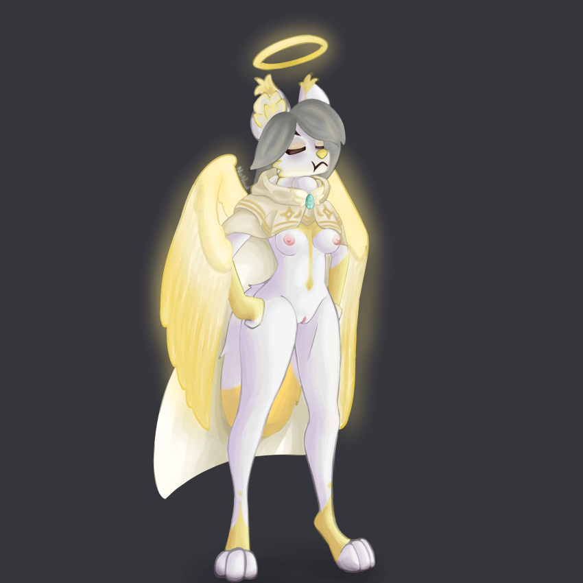 1:1 absurd_res alternate_version_at_source angel angelic anthro arctic_fox canid canine cloak clothing feathered_wings feathers female fox fur genitals glowing halo hi_res mammal muriel_the_angel nipples nude pink_nipples pouting pussy slim small_waist solo unknown_artist white_body white_fur wings yellow_body yellow_fur