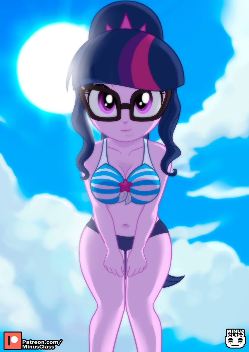 1girls belly_button bikini breasts busty cleavage clouds cute equestria_girls female female_only friendship_is_magic glasses hasbro legs looking_at_viewer minus_class my_little_pony navel purple_eyes sci-twi smiling solo swimsuit swimwear