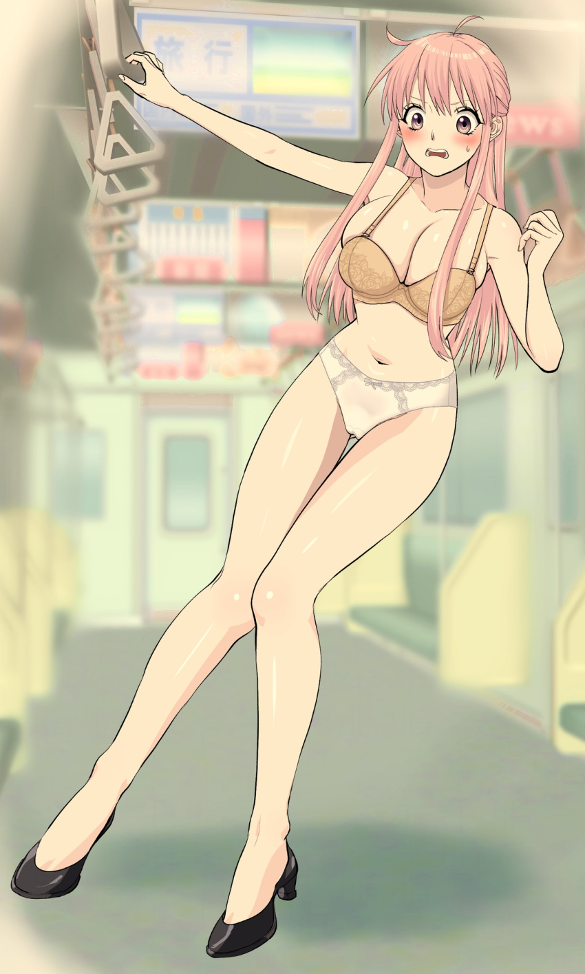 1girls 2d artist_request big_breasts blush blush bra breasts business_woman cameltoe embarrassed exhibitionism female female_focus female_only heels mismatched_underwear naked office_lady panties pink_hair pose sweat sweatdrop tallowlard_(artist) train train_interior uncensored uncomfortable underwear variant