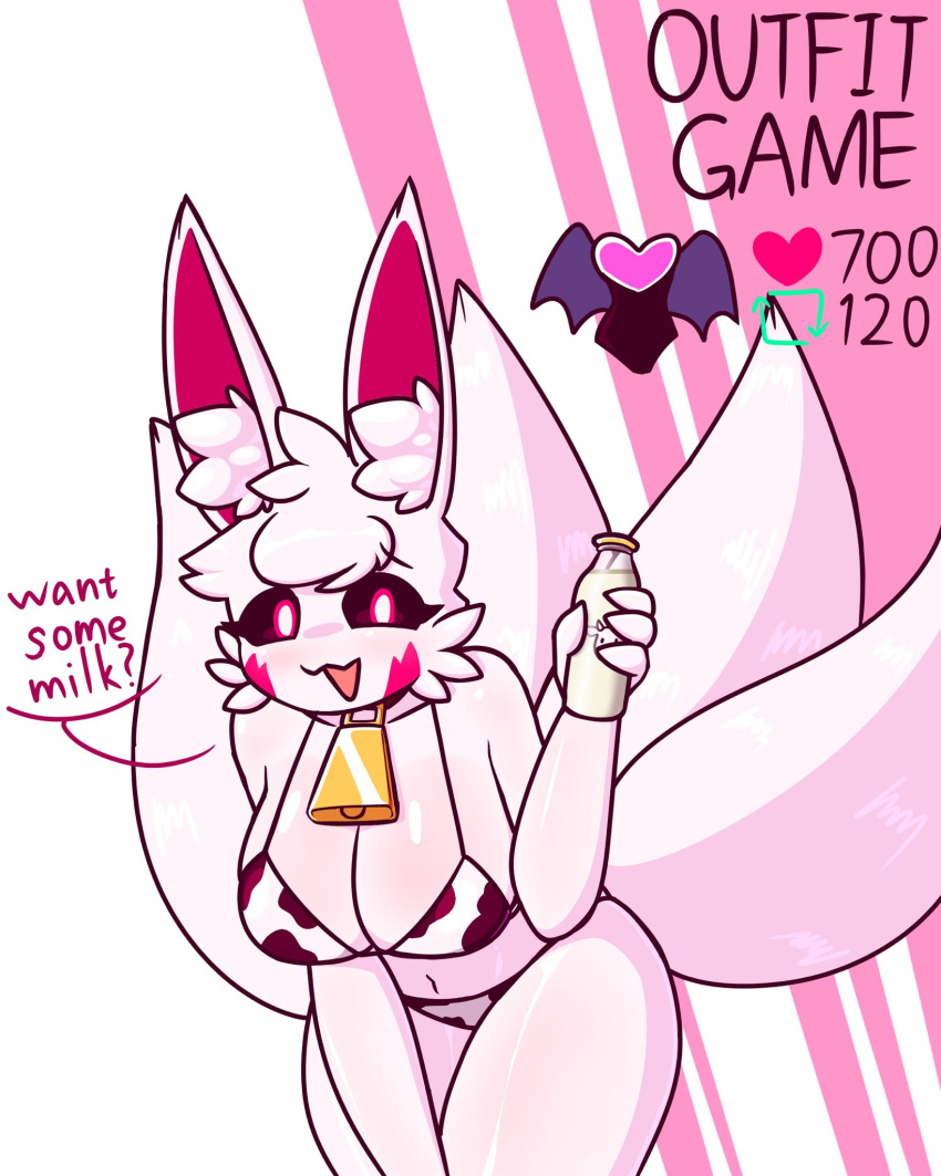 87_g0d 9_tails bae_(87_g0d) big_ears black_eyes collar furry furry_ears furry_female furry_only furry_tail game heart heart_icon kitsune pink_background pink_eyes retweet_icon text twitter white_background white_body white_fur white_hair