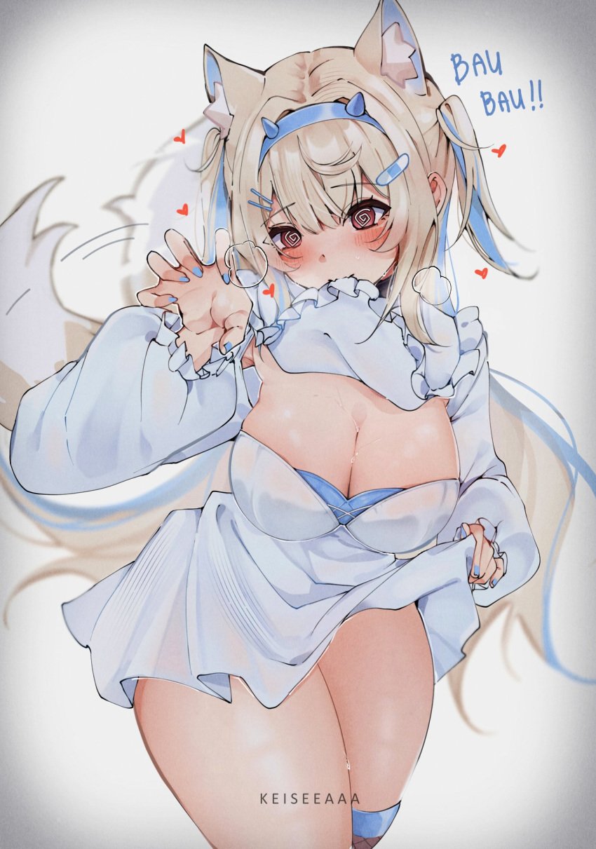 artist_name asymmetrical_legwear biting_clothes blue_fingernails blue_nails cowboy_shot fuwawa_abyssgard heart hololive hololive_english hololive_english_-advent- huge_breasts huge_thighs keisea keiseeaaa painted_nails shirt_lift skirt_lift swirly_eyes thick_thighs upskirt virtual_youtuber wide_hips