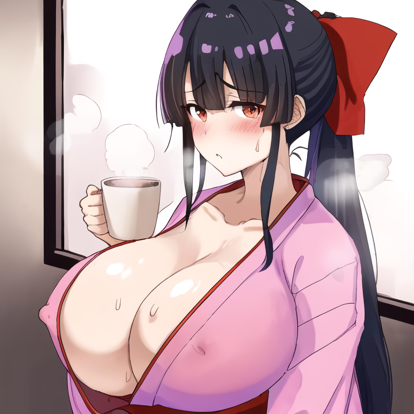 1girls ai_generated big_breasts blush breasts busty cleavage female female_only hair_ribbon huge_breasts nipple_slip no_bra ponytail red_eyes sakura_shinguji sakura_wars sega solo sweat sweaty_breasts voluptuous