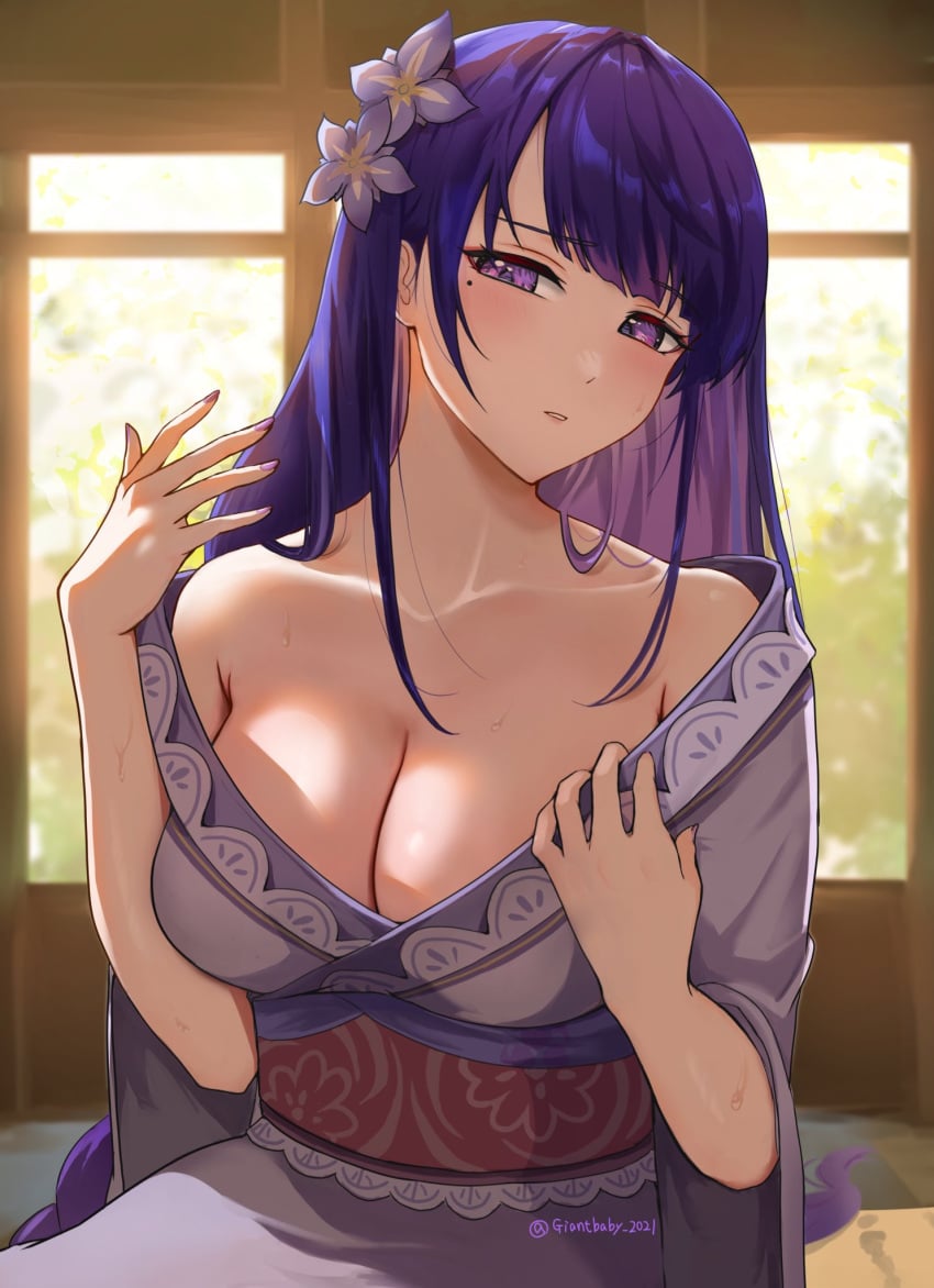 1girls breasts cleavage female flower genshin_impact giantbaby_2021 hair_ornament highres japanese_clothes kimono large_breasts long_hair looking_at_viewer mole mole_under_eye obiage obijime purple_eyes purple_hair purple_kimono purple_nails raiden_shogun sash solo tomoe_(symbol) twitter_username very_long_hair