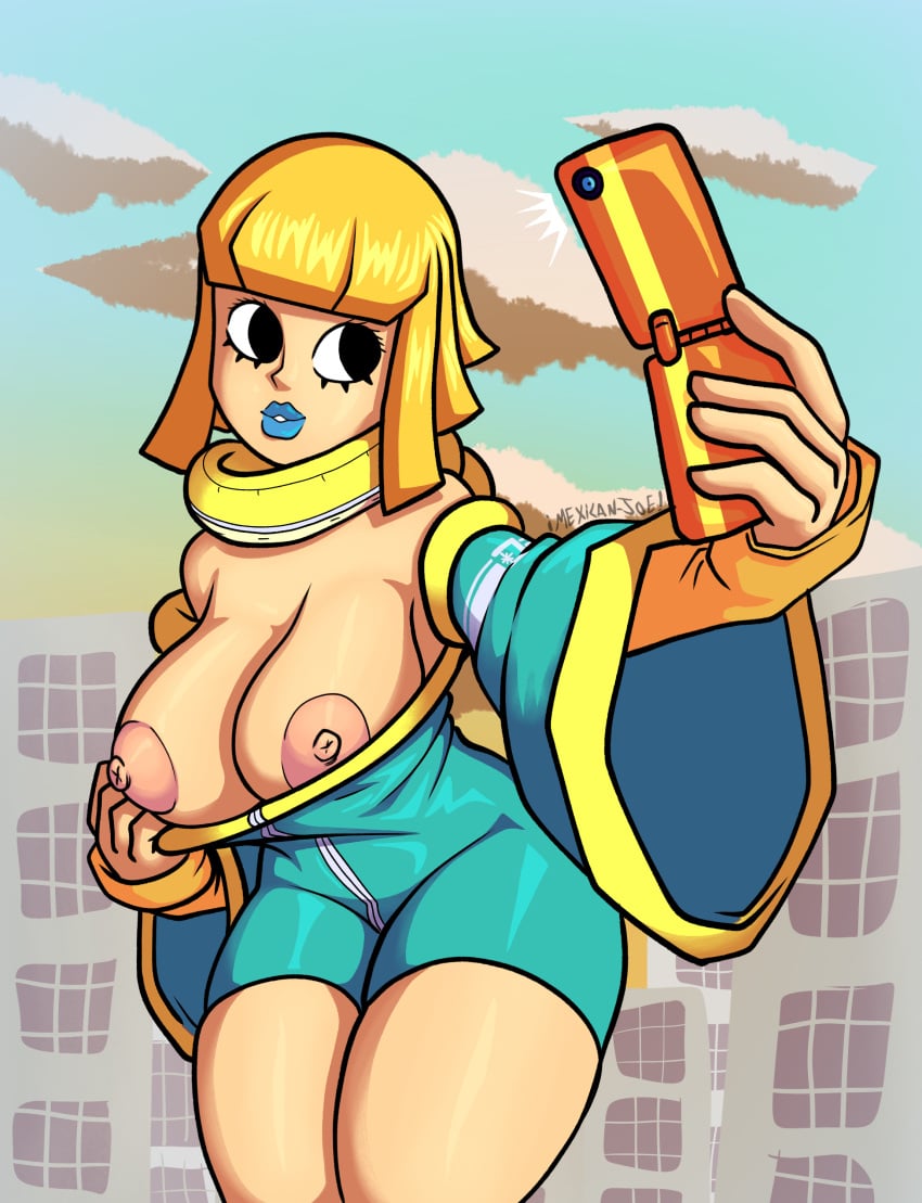 areolae bel_(brc) big_breasts blonde_hair bomb_rush_cyberfunk breasts breasts_out clothing electronics female flip_phone human mexicanjoe nipples pale_skin phone thighs