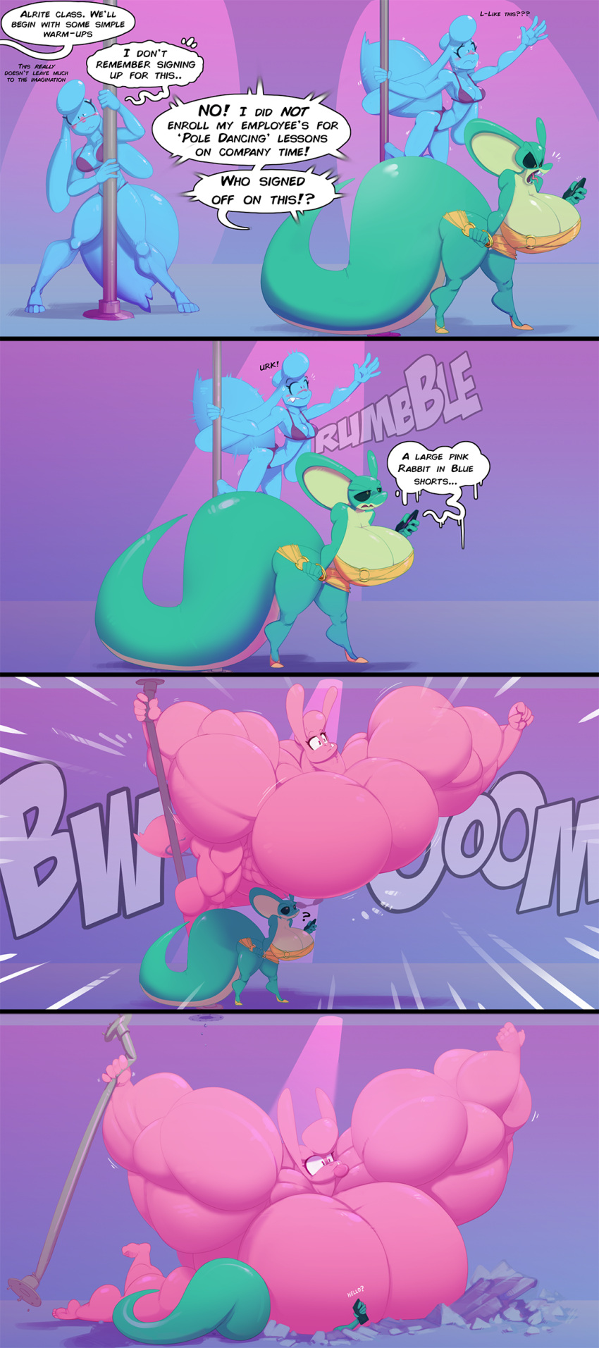 bikini blue_fur bunny_girl dialogue fluffy_(toonpower) furry green_scales large_breasts muscle_growth pink_fur sharp_teeth snake_girl stripper_pole suddenly_naked text tongue_out toonpower trixy_(toonpower) tuffy_(toonpower)