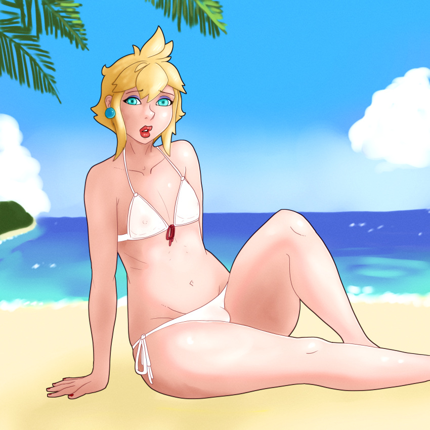 1boy beach beach_background bikini blonde_hair blue_eyes bulge cloud_strife crossdressing ecchi femboy final_fantasy final_fantasy_vii flat_chest lounging pinup sfw simpbot2k sitting trap wet_clothes