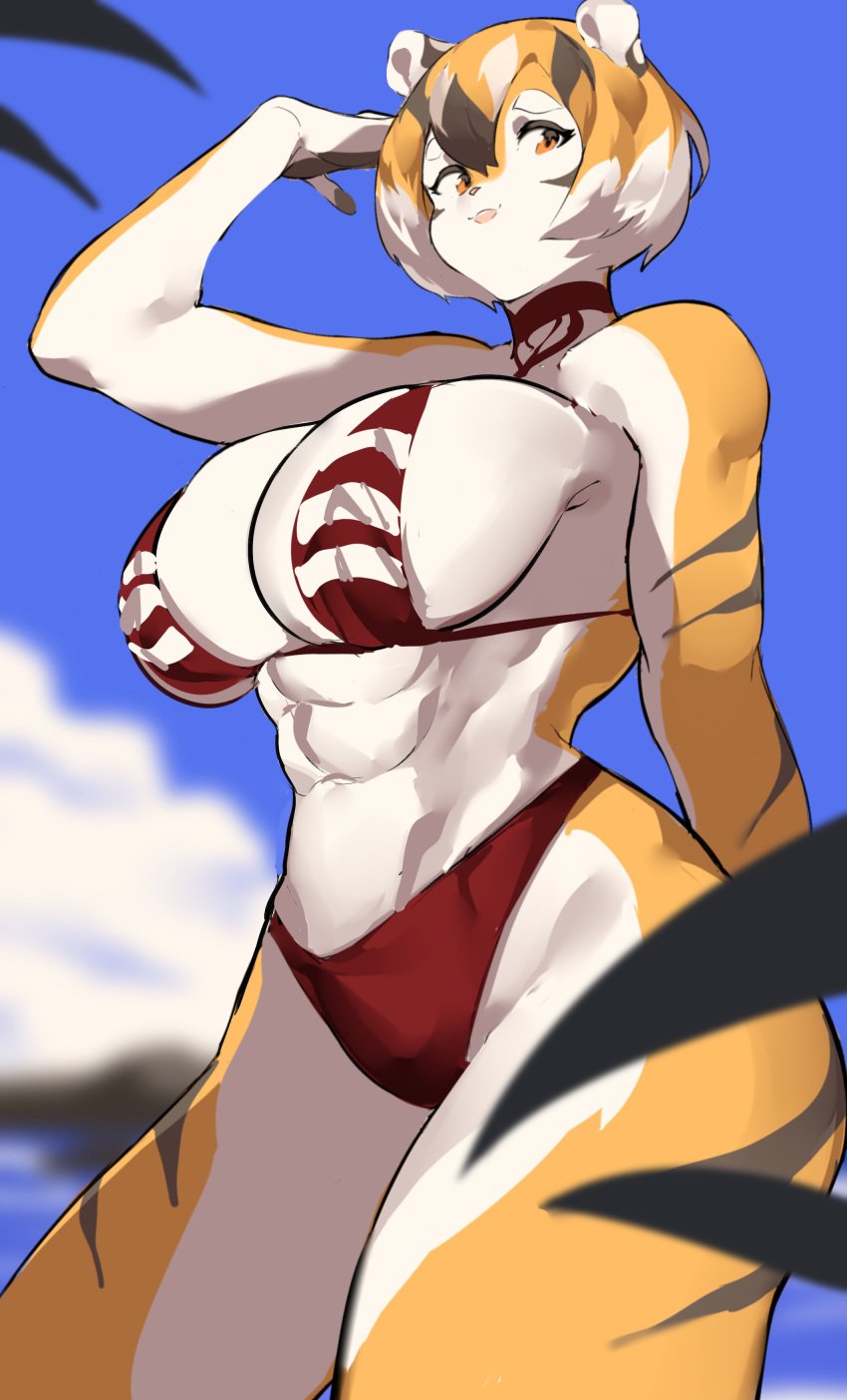 1girls abs anthro big_breasts bikini bikini_bottom bikini_top breasts female mei_xiang muscular muscular_female mx99926 oc original_character short_hair smile smiling sticking_out_tongue striped striped_body striped_fur stripes swimsuit swimwear thick_thighs tiger_ears tiger_girl tiger_stripes tiger_tail toned toned_female tongue tongue_out wide_hips