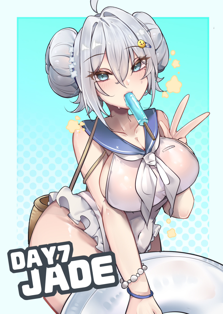 1girls alternate_breast_size alternate_costume azur_lane beauty_mark belly_button belly_button_visible_through_clothing big_bun blue_eyes blush breasts double_bun doughnut_hair_bun eyebrows_visible_through_hair female female_only food grey_hair hairpin huge_breasts iron_blood_(azur_lane) jade_(a_lick_of_summer)_(azur_lane) jade_(azur_lane) kive_(kive03) light-skinned_female light_skin official_alternate_costume one-piece_swimsuit popsicle sideboob solo swimsuit wet wet_clothes