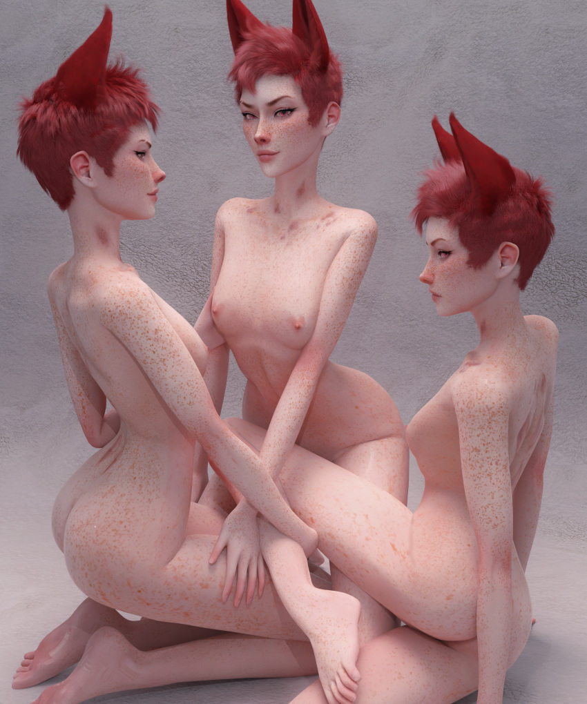 3d aldtecaia barefoot blender blender_cycles fauxhawk feet freckles heart-shaped_pupils heart_nipples heart_shaped_areola kneeling noxxyboy oc on_knees pink_eyes pink_fur pink_hair pink_skin red_body red_eyes red_fur red_hair self_fuck selfcest short_hair sims sims4 soles succubus the_sims_4 threesome toes tomboy toned toned_female very_short_hair