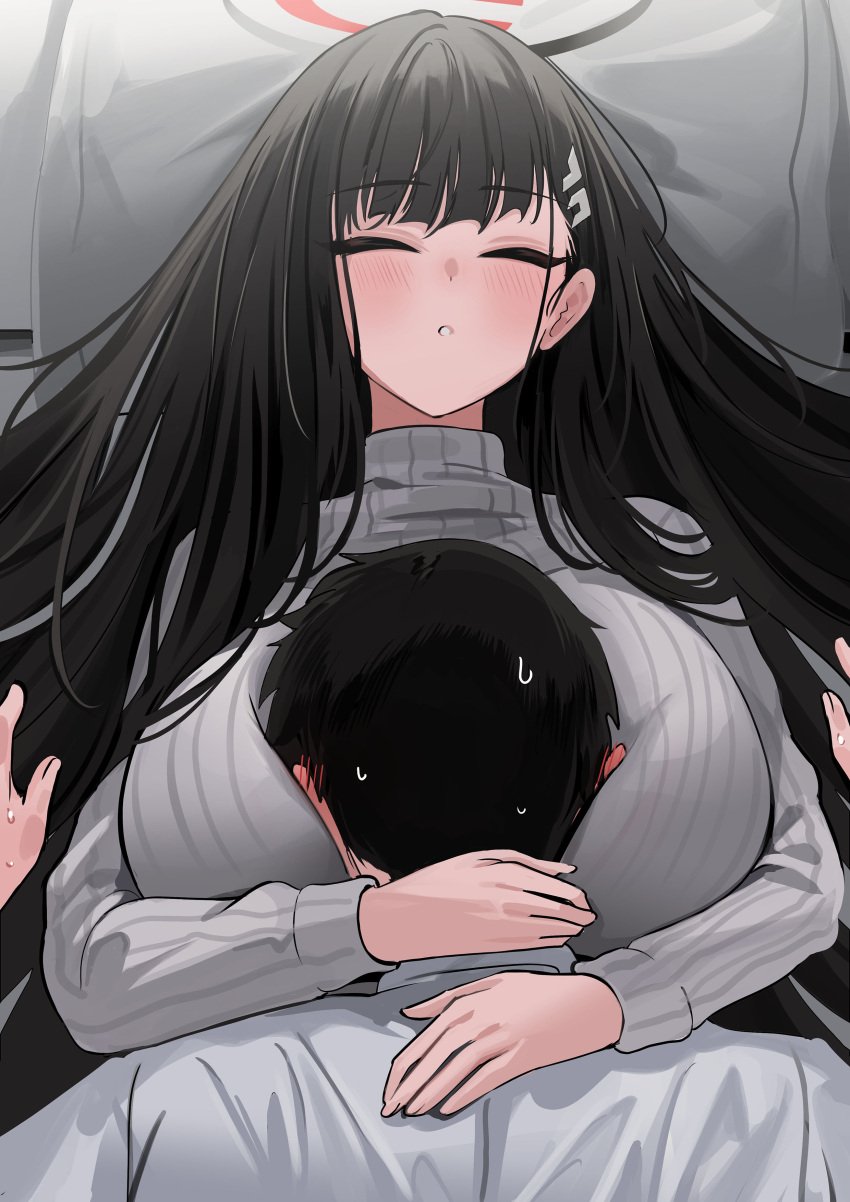 1boy 1girls big_breasts black_and_red_halo black_hair blue_archive blush breast_smother breast_squish breasts closed_eyes clothing cuddling female fully_clothed head_between_breasts highres hug large_breasts lying male millennium_science_school_student rio_(blue_archive) seminar_(blue_archive) seminar_president sensei_(blue_archive) sleeping smothering student_council_president turtleneck wholesome yuki_(asayuki101)