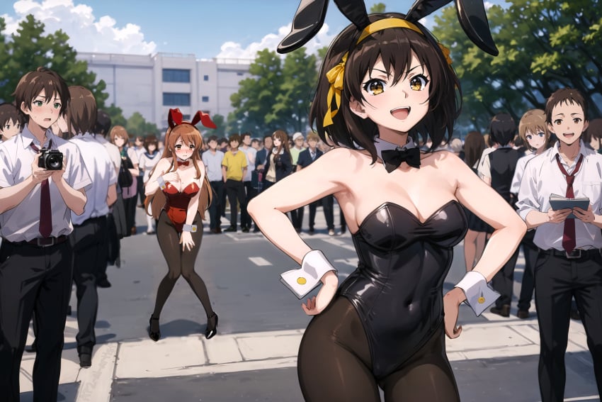 2girls ai_generated anime_style ap2-ai-artist asahina_mikuru brown_hair bunny_ears bunny_girl bunnysuit covering_breasts covering_crotch crowd embarrassed hair_ribbon hand_on_hip hi_res high_resolution long_hair medium_breasts medium_hair orange_eyes orange_hair pantyhose playboy_bunny suzumiya_haruhi suzumiya_haruhi_no_yuuutsu yellow_eyes