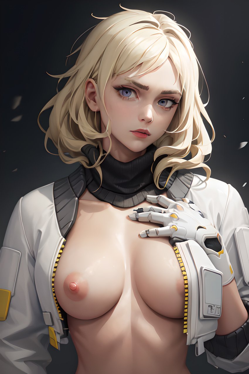 1girls ai_generated blonde_female blonde_hair blue_eyes braless breasts cute deadlock_(valorant) exposed_breasts female female_focus female_only looking_at_viewer medium_breast medium_breasts riot_games showing_breasts showing_off unzipped unzipped_jacket valorant