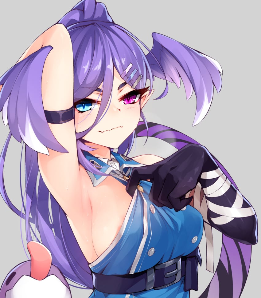 1girls 2022 areolae armband armpits bandage bandaged_arm barely_visible_areola big_breasts black_nails blue_eyes clothed clothing dragon_arm dragon_girl dragon_tail dragoon_(selen_tatsuki) fan_mascot_(vtuber) female flesh_fang hair_wings head_wings heterochromia licking licking_screen light_blue_eyes long_hair long_nails looking_at_viewer mascot nijisanji nijisanji_en one_arm_behind_head pink_eyes pointy_chin pointy_ears pulling_clothing purple_hair purple_skin ricegnat selen_tatsuki selen_tatsuki_(2nd_costume) sharp_nails showing_off striped_tail tail very_long_hair virtual_youtuber wavy_mouth