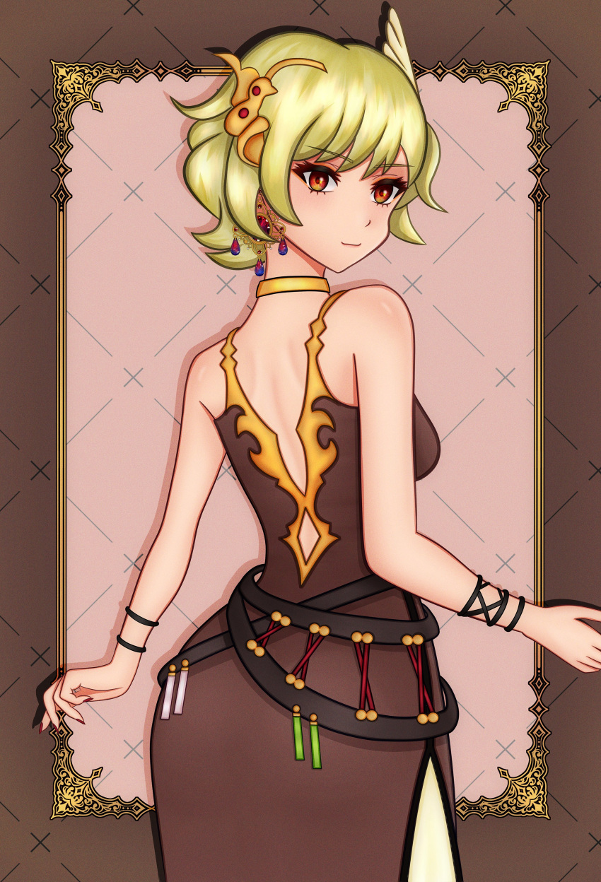 1girls ass ass_in_dress back back_view bare_back big_ass blonde_hair breasts cearavs citrinne_(fire_emblem) dress female female_only fire_emblem fire_emblem_engage looking_at_viewer looking_back medium_breasts nintendo red_eyes short_hair smile solo