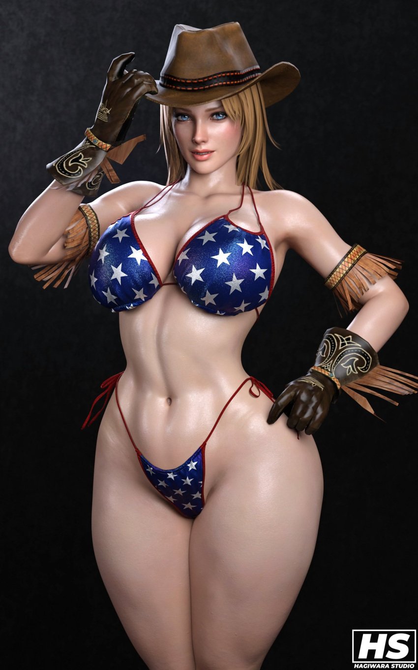 1girls 3d 3d_(artwork) american_flag_bikini belly_button big_breasts bikini blonde_hair blue_eyes busty dead_or_alive female_only gloves hagiwara_studio hand_on_hat hat long_hair looking_at_viewer midriff side_tie_bikini simple_background smile solo solo_female standing string_bikini swimsuit thick_thighs thighs tina_armstrong