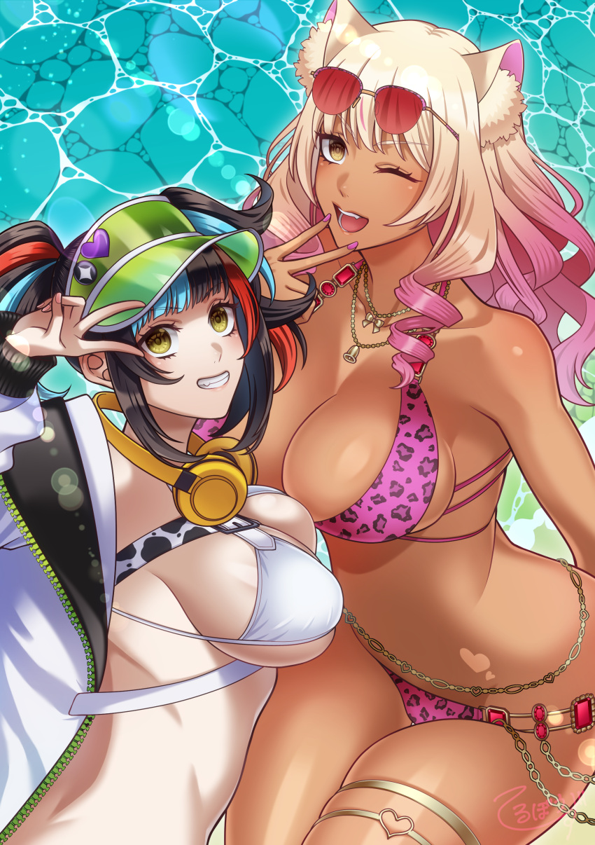 2girls big_breasts bikini cleavage fate/grand_order fate_(series) light-skinned_female peace_sign sei_shounagon_(fate) sei_shounagon_(swimsuit_berserker)_(fate) suzuka_gozen_(fate) suzuka_gozen_(swimsuit_rider)_(fate) tagme tan_body teruteru_bouzu