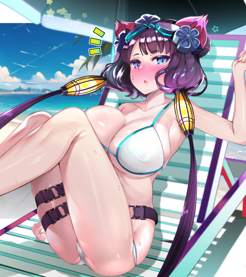 1girls artist_request beach bikini blue_eyes breasts fate/grand_order fate_(series) female hair_ornament hyper katsushika_hokusai_(fate) katsushika_hokusai_(swimsuit_saber) large_breasts light-skinned_female light_skin long_hair outdoors oversized_breasts purple_hair thighs white_bikini